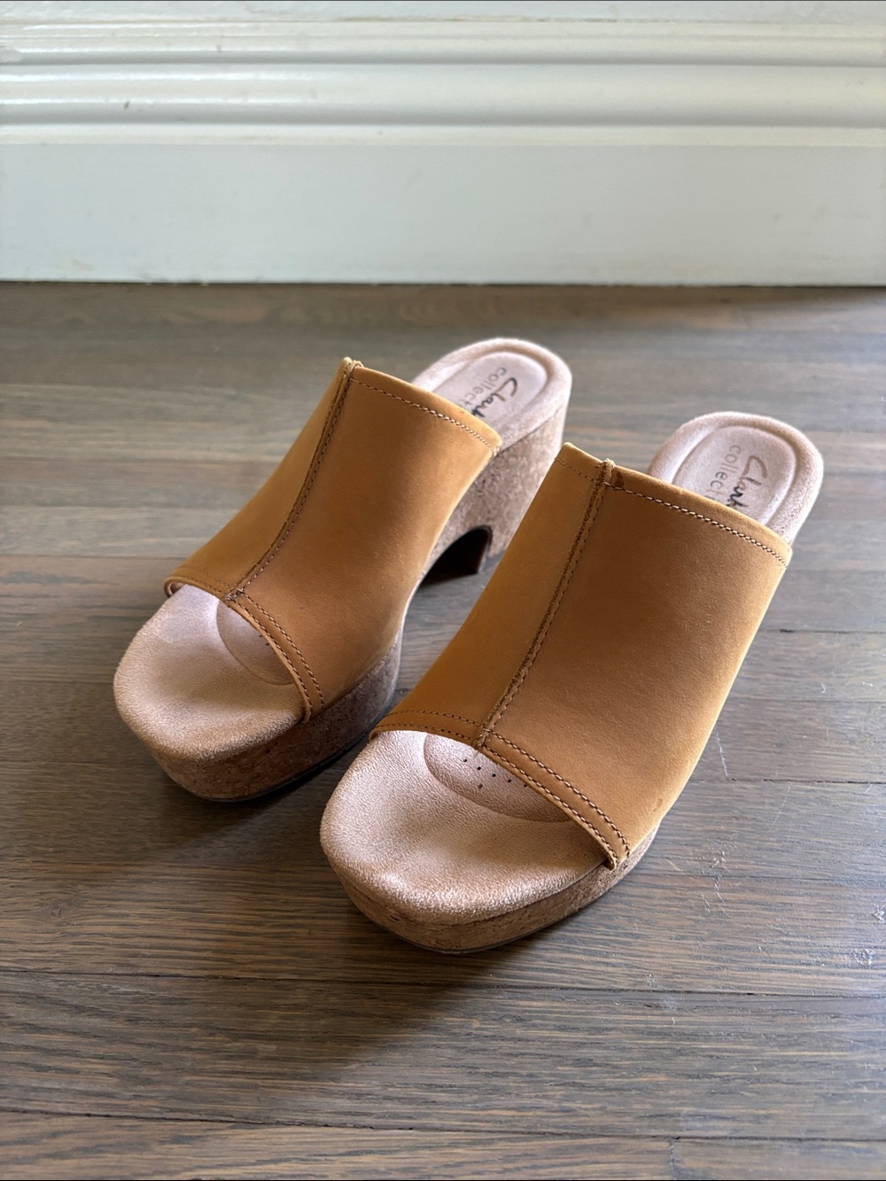 Clarks Tan Leather Cork Platform Mule Slides
